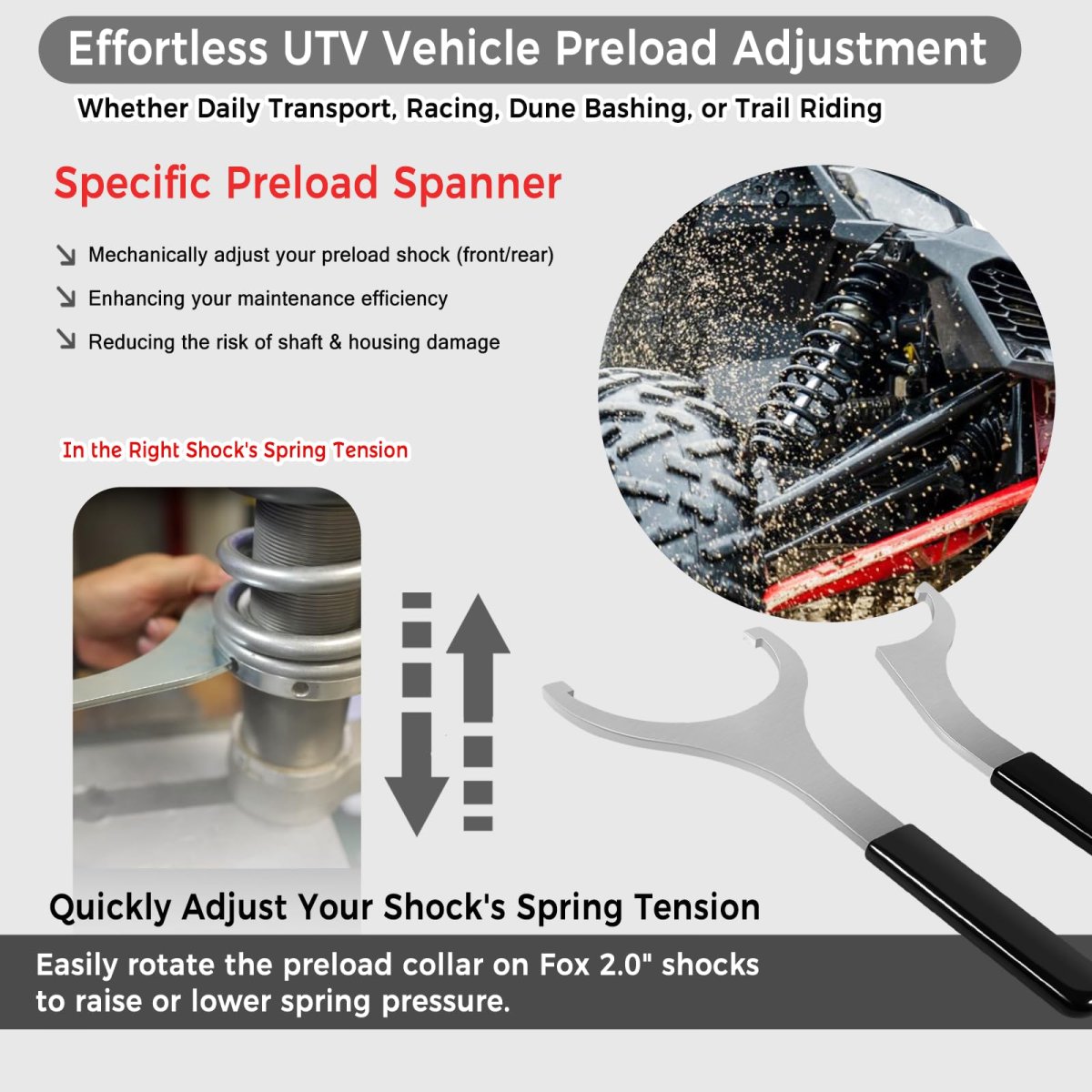 Camoo 2 Spring Preload Spanner Wrench Kit Fits For Polaris Rzr Side-by-side Utv Models With Shock For Fox 2-inch Bodies