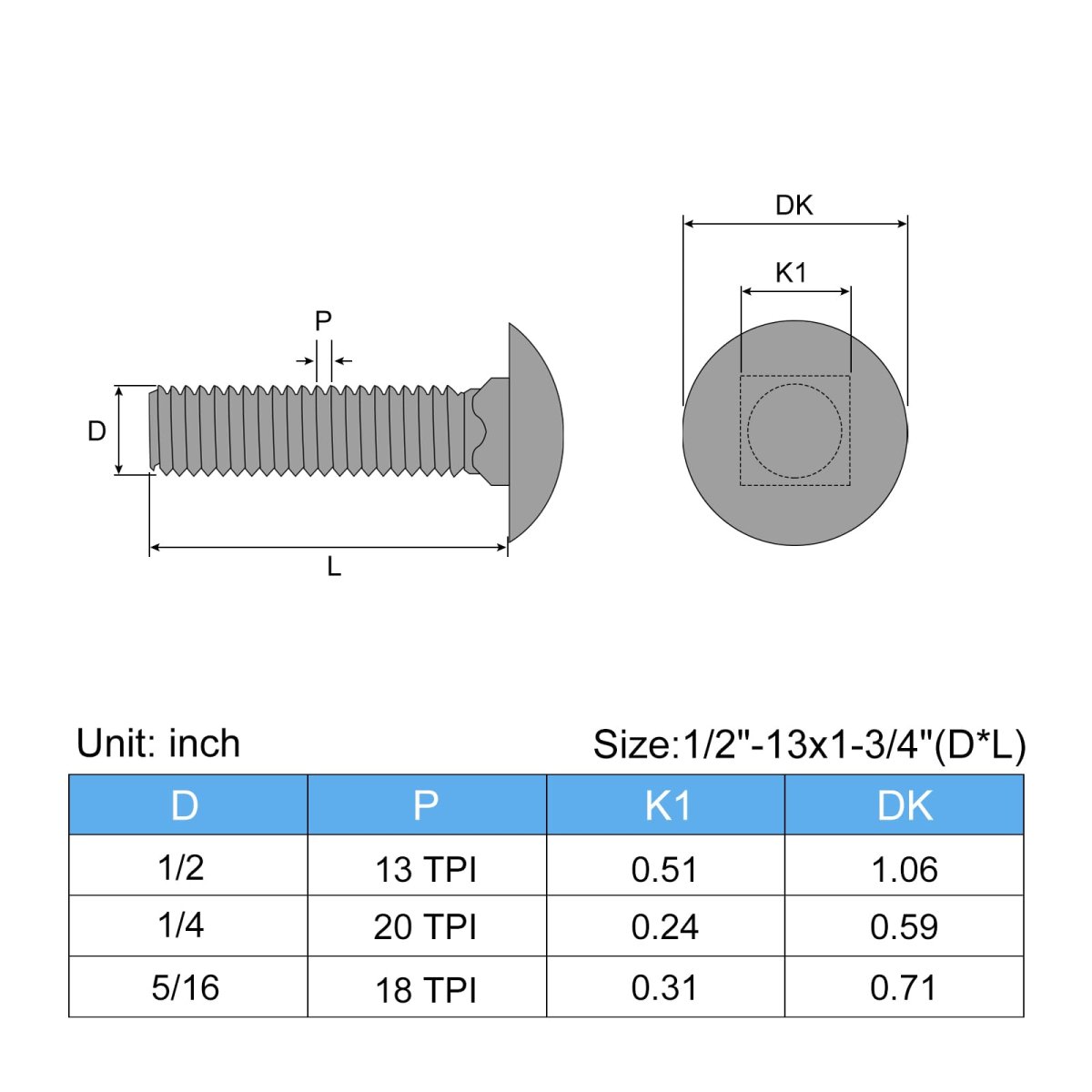 1 2-13x1-3 4 In Carriage Bolt 6pcs Round Head Square Neck Screws 304 Stainless Steel Fully Threaded Silver