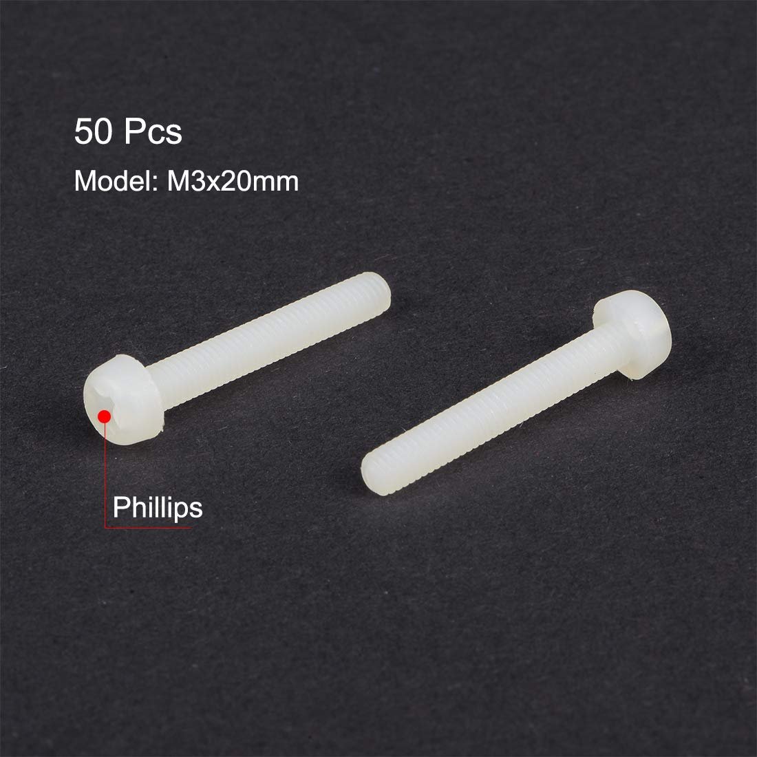 M3x20mm Threaded Nylon Phillips Cross Pan Head Machine Screws Bolts White 50pcs