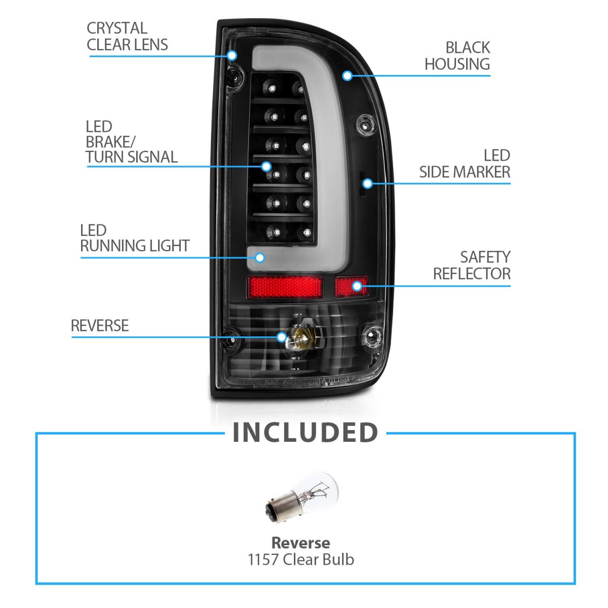 Amerilite For 1995-2000 Toyota Tacoma C-type Led Tube Black Replacement Tail Light Driver And Passenger Side