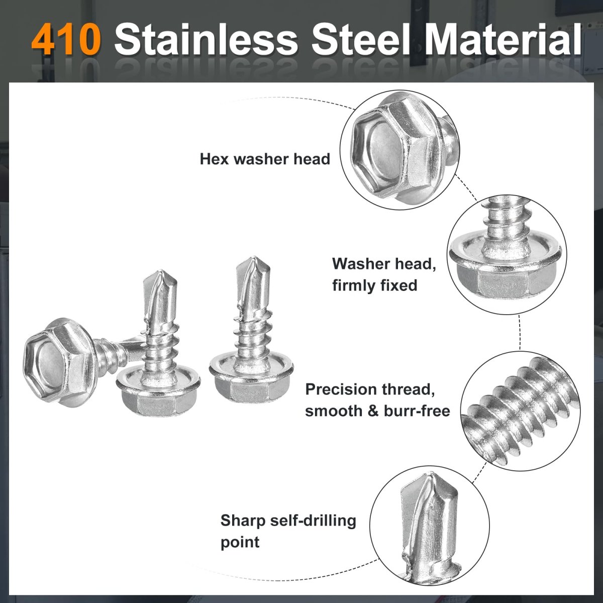 100 Pcs 10 X 1 2 In Self Drilling Screws 410 Stainless Steel Tapping For Metal Hex Washer Head Sheet