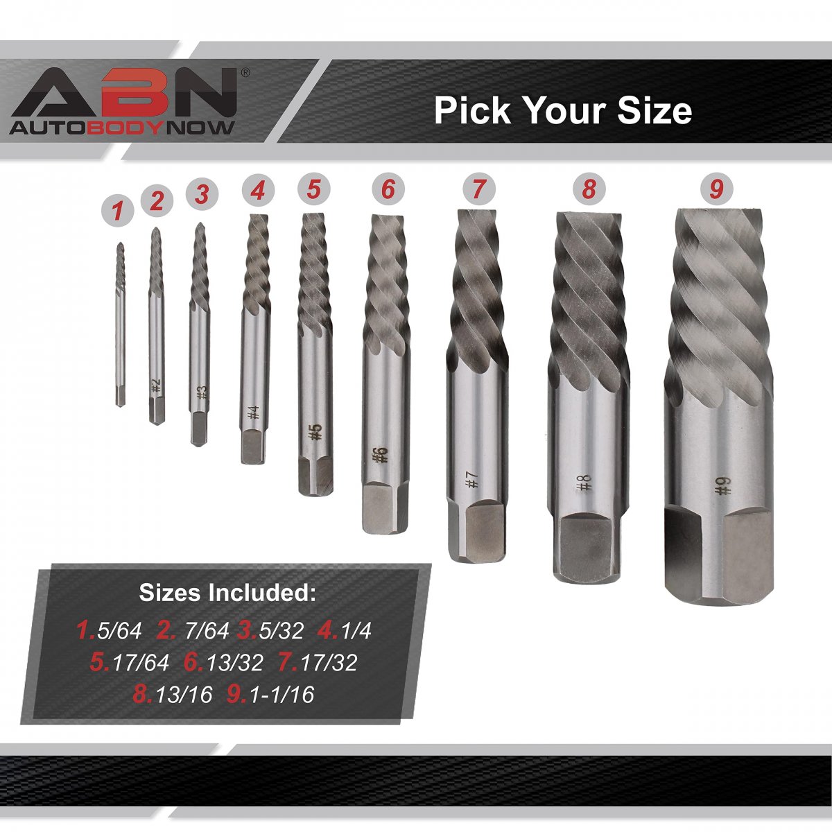 Abn Jumbo Spiral Flute Extractor 9 Piece Easy Out Bolt Screw Set Square Shank Reverse Bit With Wood Case