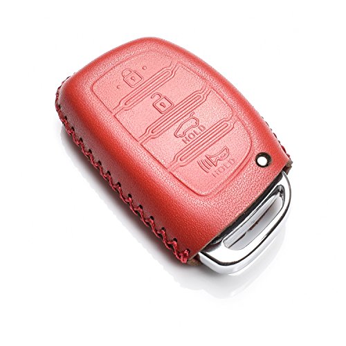 Vitodeco Hyundai Leather Keyless Entry Remote Control Smart Case Cover With A Key Chain For Elantra Sonata Tucson 4 Buttons Red