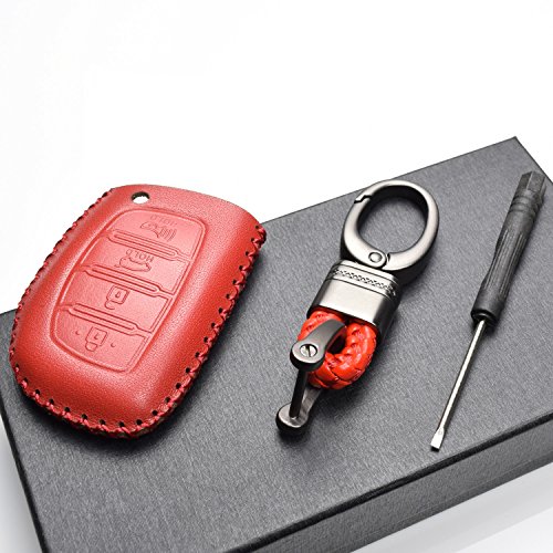 Vitodeco Hyundai Leather Keyless Entry Remote Control Smart Case Cover With A Key Chain For Elantra Sonata Tucson 4 Buttons Red