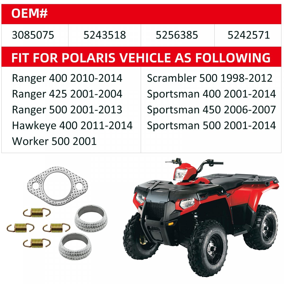 Exhaust Muffler Gasket Seal Spring Rebuild Kit For Polaris Sportsman 400 450 500 Ranger 425 Scrambler Hawkeye Worker