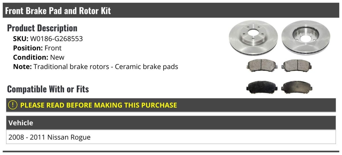 Front Ceramic Brake Pad And Rotor Kit For 2008-2011 Nissan Rogue