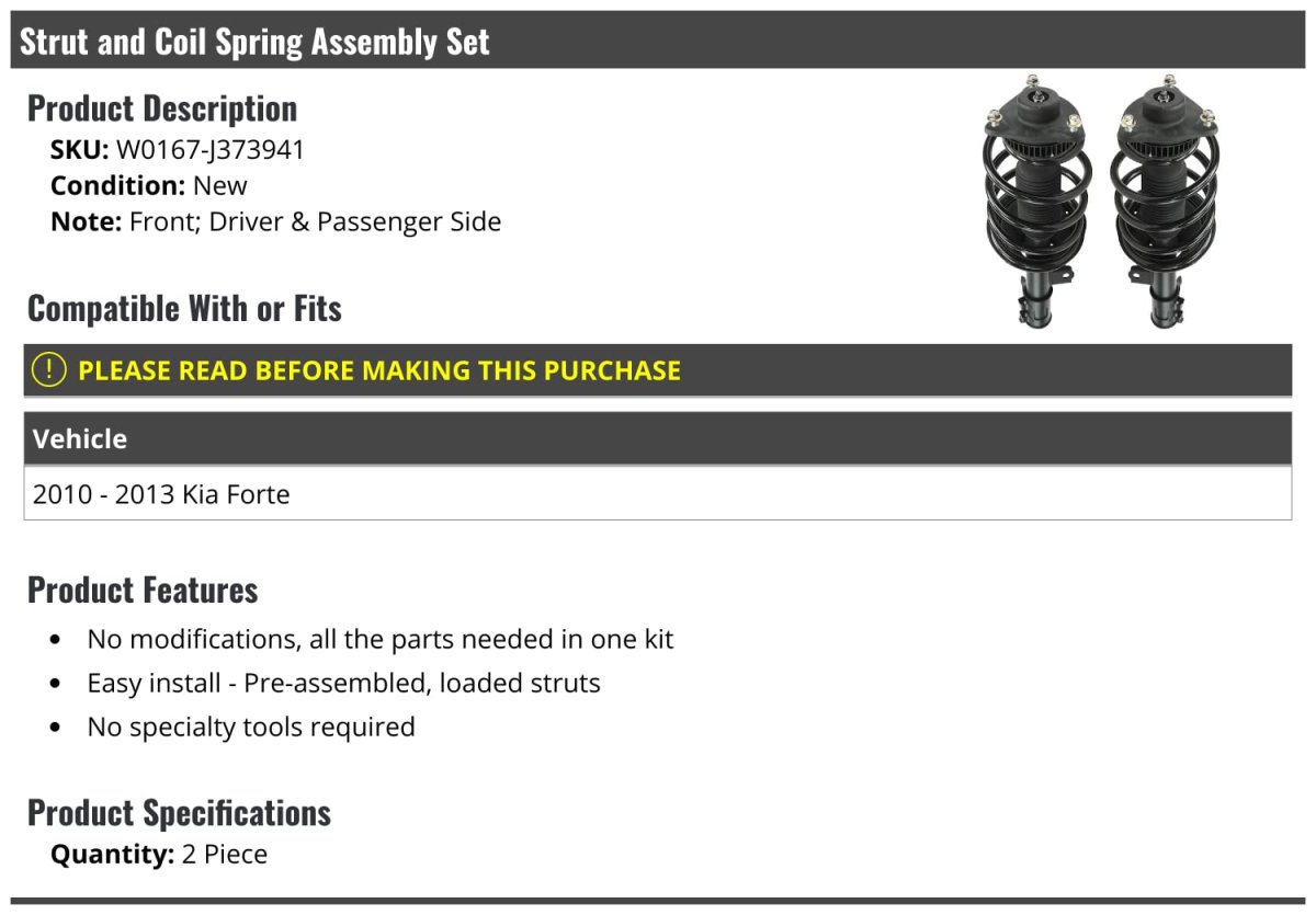 Front Strut And Coil Spring Assembly Set Of 2 For 2010 2013 Kia Forte Driver Passenger Side Preassembled Loaded Struts