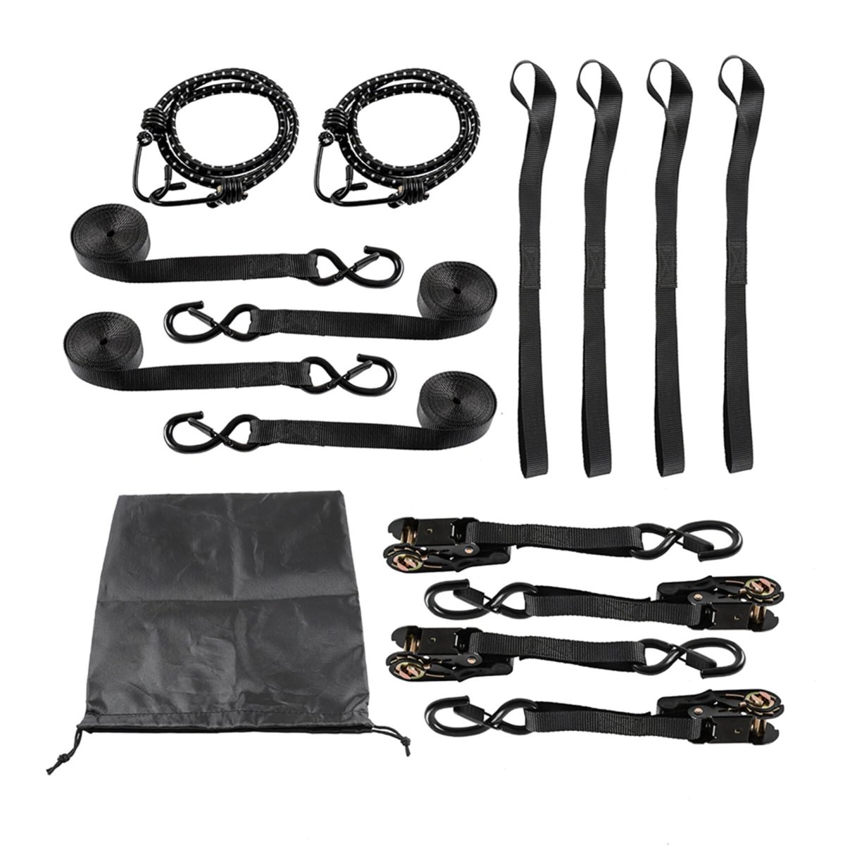 15ft Ratchet Tie Down Straps 4 Pack 2200 Lb Break Strength Black Cargo With Lock S Hooks 2 Bungee Cords Soft Loops And Storage