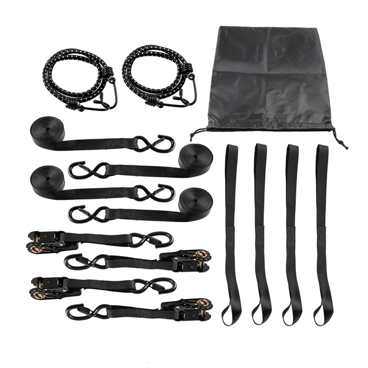 15ft Ratchet Tie Down Straps 4 Pack 2200 Lb Break Strength Black Cargo With Lock S Hooks 2 Bungee Cords Soft Loops And Storage