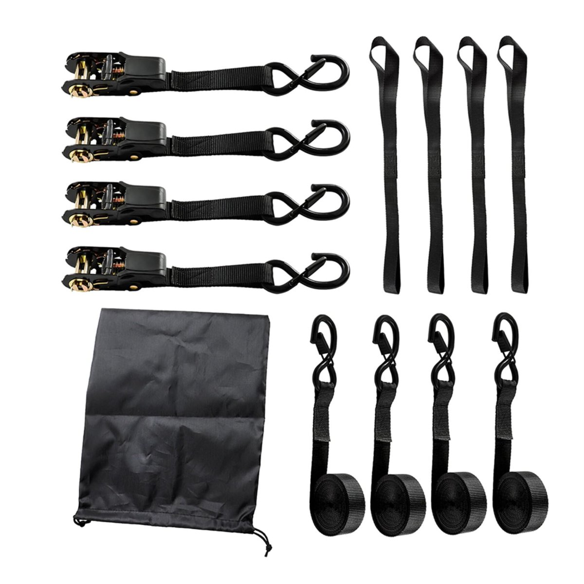 15ft Ratchet Tie Down Straps 4 Pack 2200 Lb Break Strength Black Cargo With Lock S Hooks 2 Bungee Cords Soft Loops And Storage
