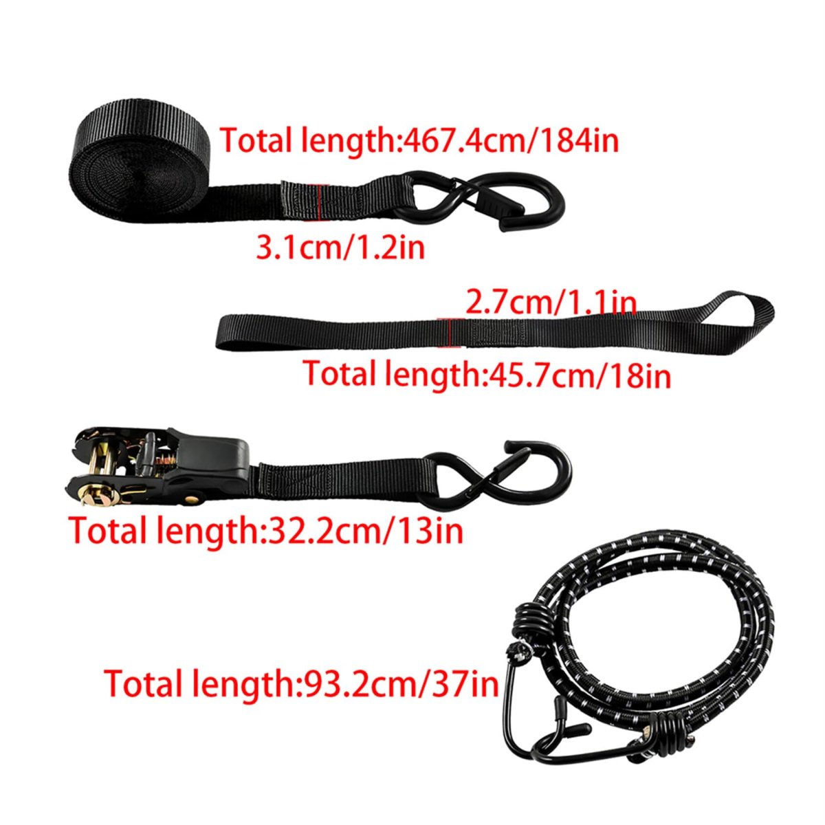 15ft Ratchet Tie Down Straps 4 Pack 2200 Lb Break Strength Black Cargo With Lock S Hooks 2 Bungee Cords Soft Loops And Storage