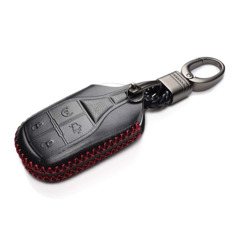 Vitodeco Genuine Leather Keyless Smart Key Fob Case Cover For Maserati Ghibli Levante Quattroporte Remote Start Black Red