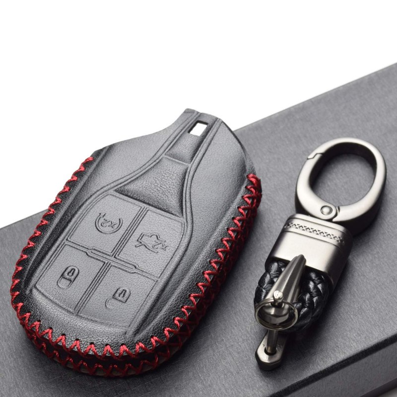 Vitodeco Genuine Leather Keyless Smart Key Fob Case Cover For Maserati Ghibli Levante Quattroporte Remote Start Black Red