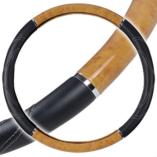 Bdk Black Wood Grain Soft Leather Grip Big Rig Steering Wheel Cover For Trucks 18 Inch Large Light Wood