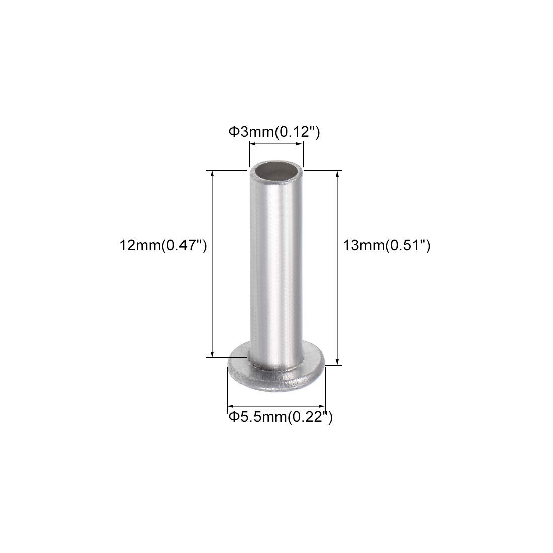 100 Pcs 3mm X 12mm Aluminum Flat Head Semi-tubular Rivets Silver Tone