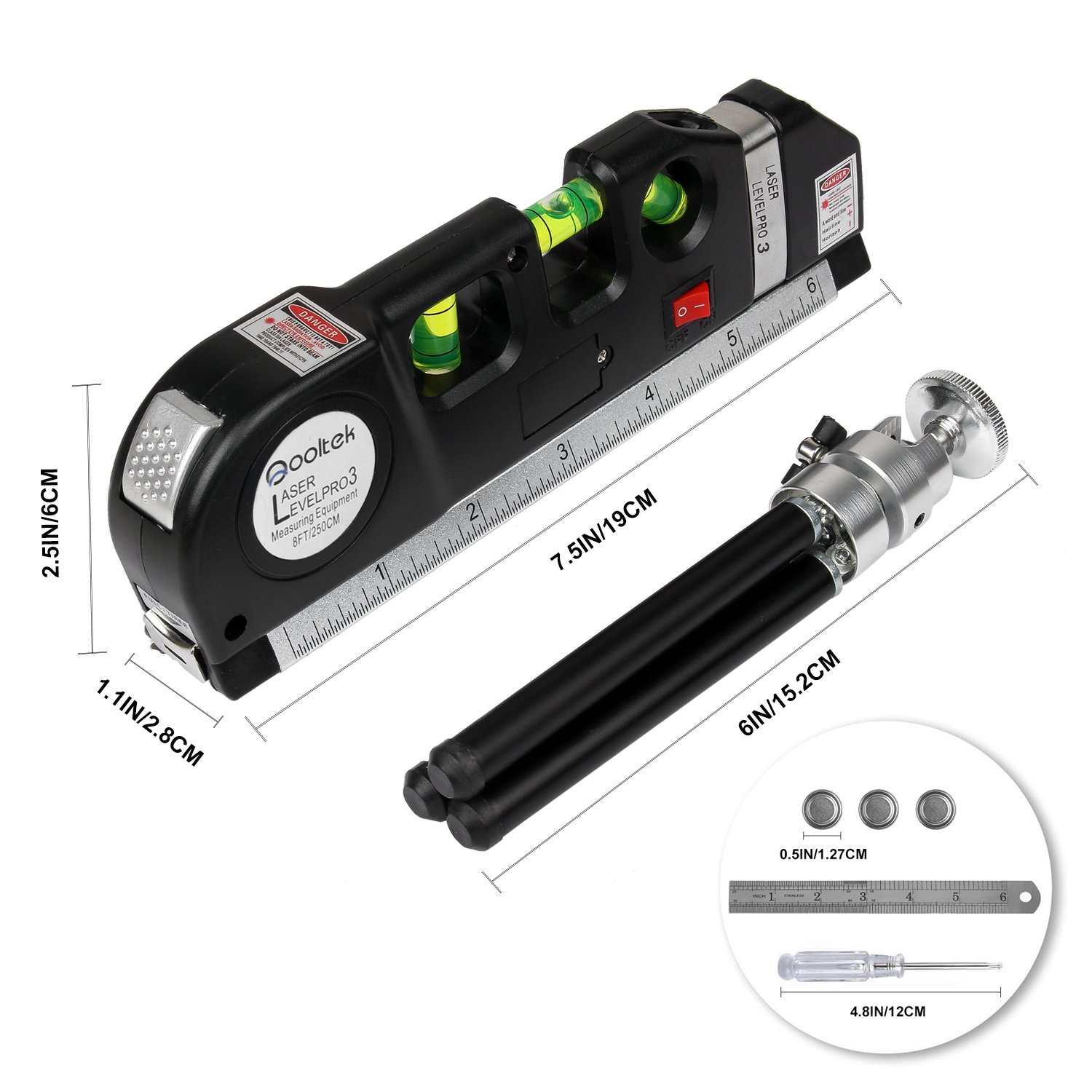 Qooltek Laser Level Line Measure 8ft Tape Ruler Adjusted Standard And Metric Rulers With Metal Tripod Standblack