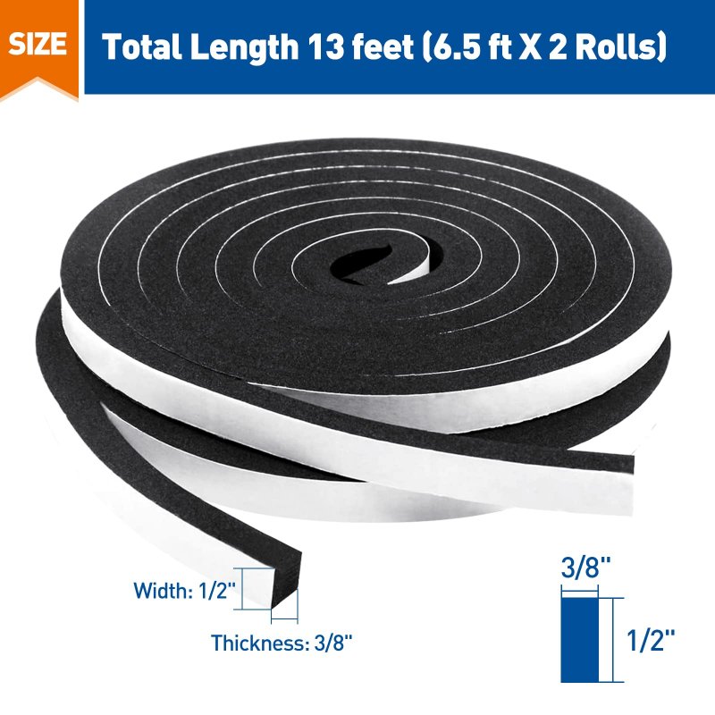 Magzo Door Weather Stripping 1 2 Inch W X 3 8 T Adhesive Foam Tape High Density Total Length 13 Feet 6 5ft Rolls