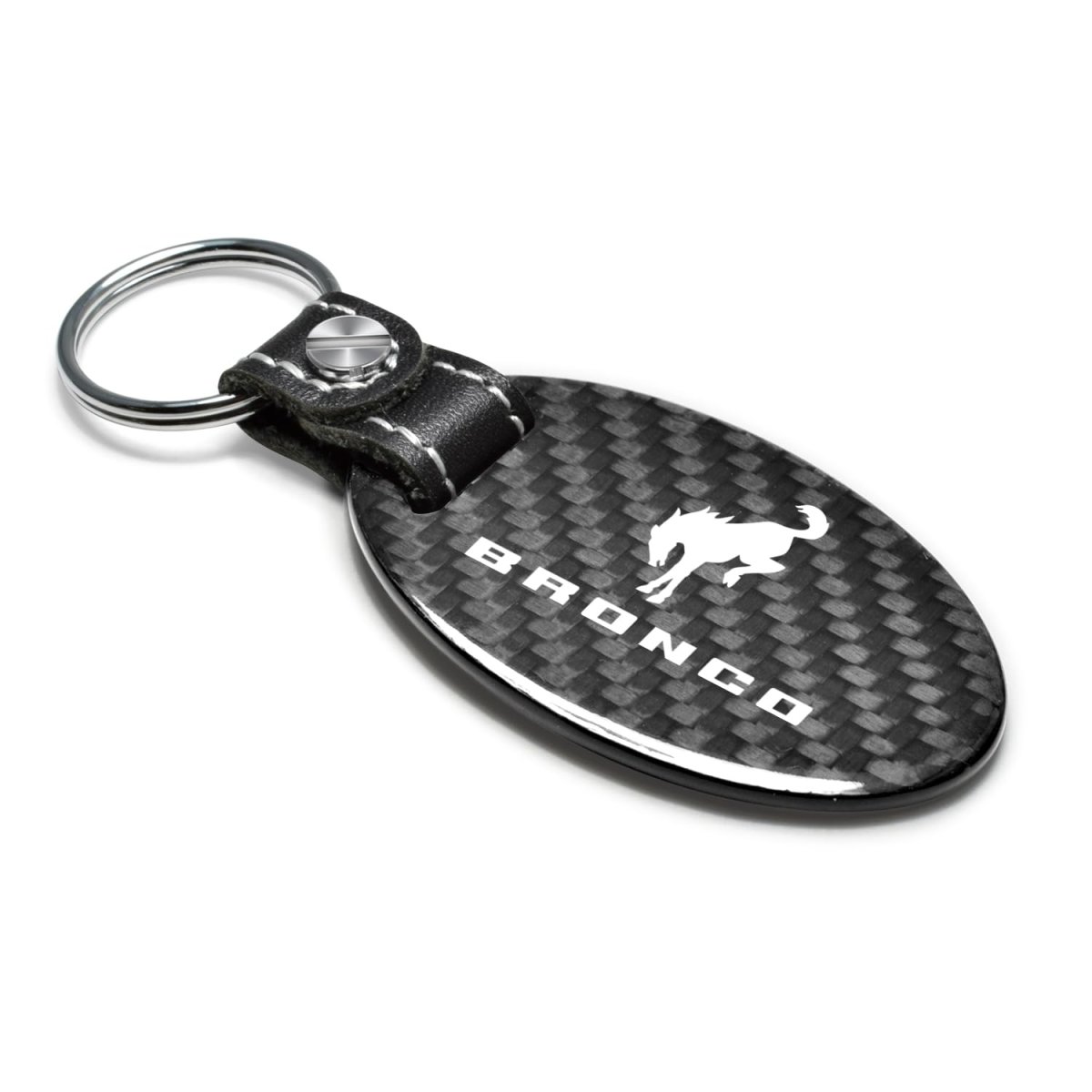 Ford Bronco Real Carbon Fiber Large Oval Shape With Black Leather Strap Key Chain