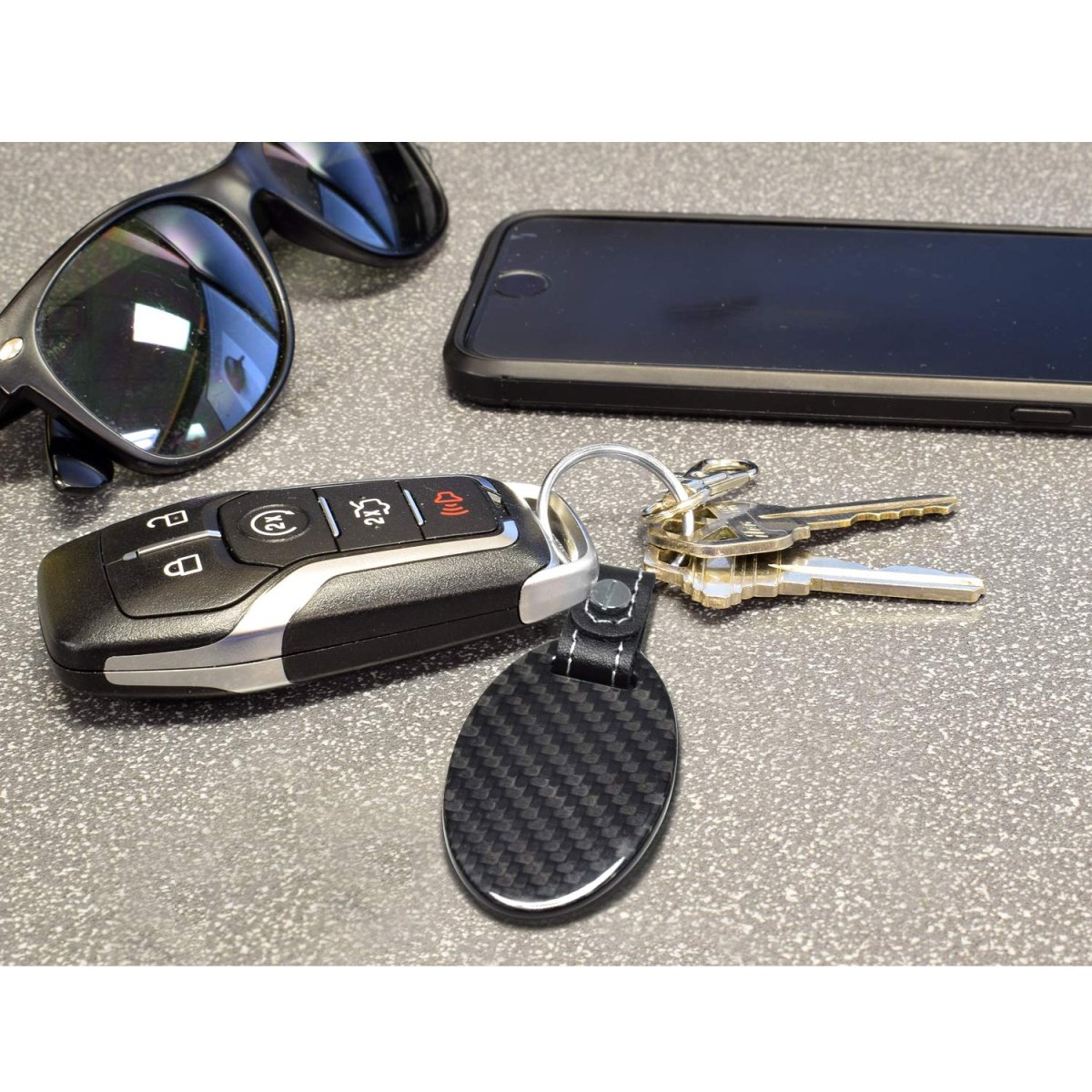 Ford Bronco Real Carbon Fiber Large Oval Shape With Black Leather Strap Key Chain