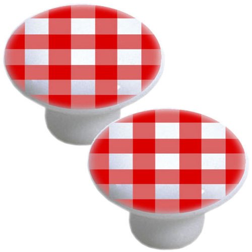 Set Of 2 Red Gingham Ceramic Cabinet Drawer Pull Knobs