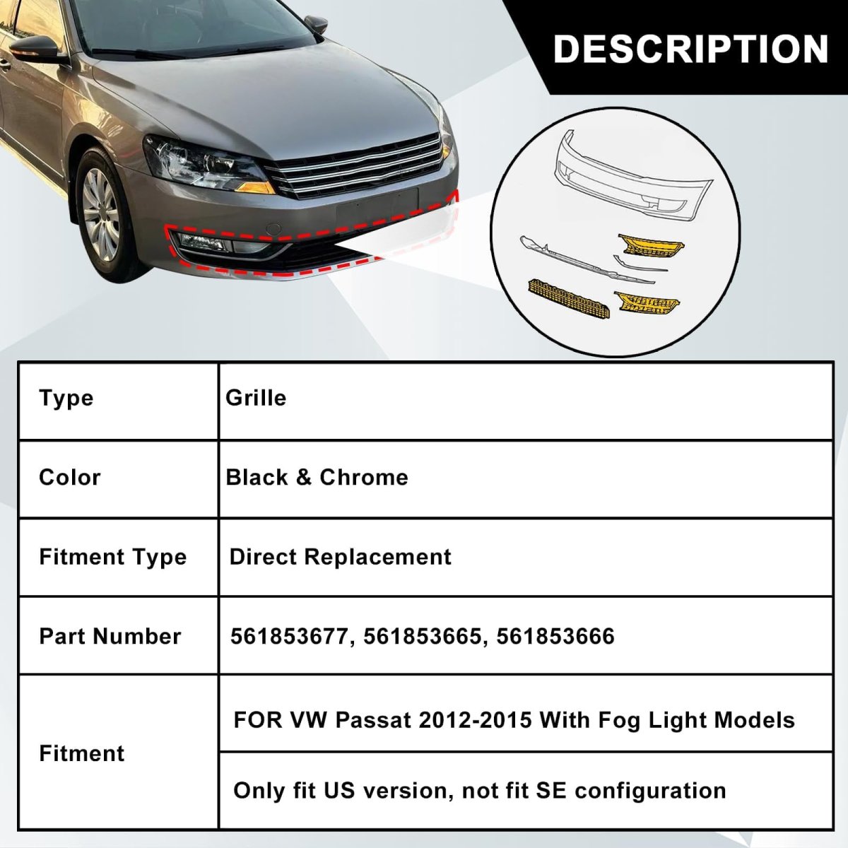 Front Bumper Lower Grille And Foglight Grill Cover For Volkswagen Passat 2012 2013 2014 2015 Us Version Replace 561853666