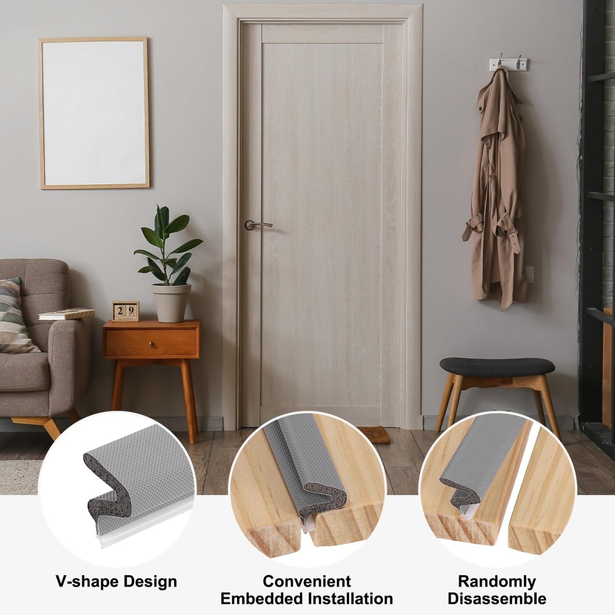 Weather Stripping Door Seal 29 Ft Foam Kerf Strips V-shape Soundproofing Exterior Frame Strip For Large Gap Grey Cover