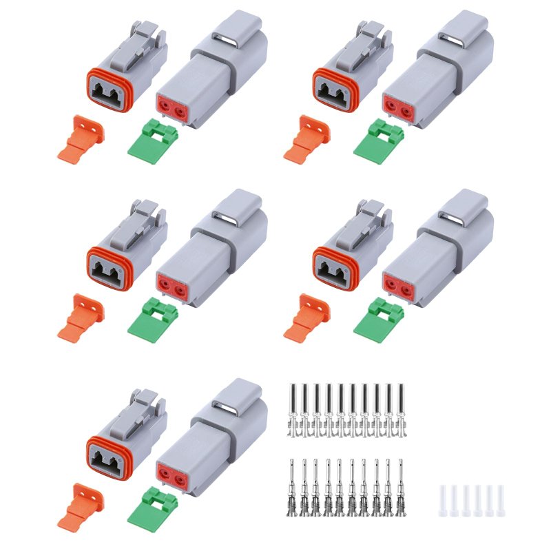 Deutsch Dt02 Grey 2 Pin Connectors 5 Set Waterproof Electrical Wire Connector With Stamped Contacts And Seal Plugs For Truck