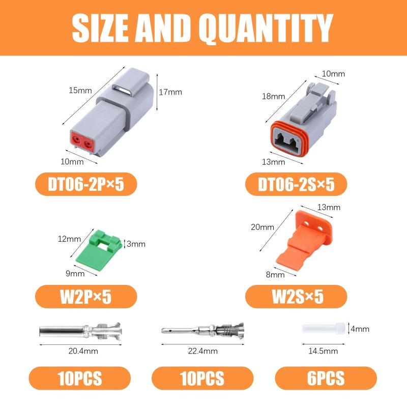Deutsch Dt02 Grey 2 Pin Connectors 5 Set Waterproof Electrical Wire Connector With Stamped Contacts And Seal Plugs For Truck