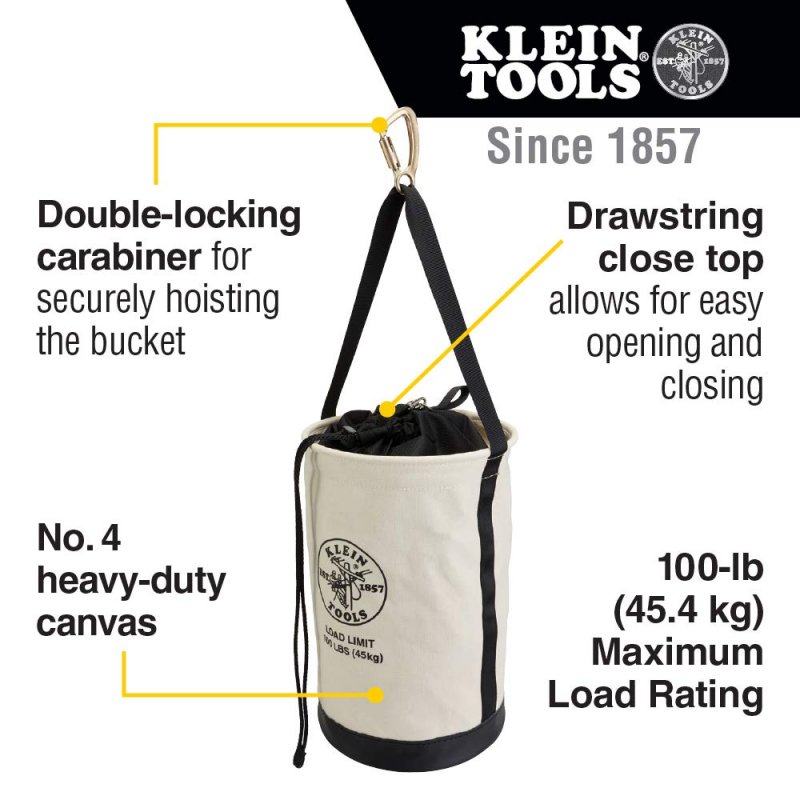 Klein Tools 5114dsc Canvas Bucket Heavy Duty Drawstring Close Tool 17-inch With Leather Reinforced Bottoms 100-pound Load Rated