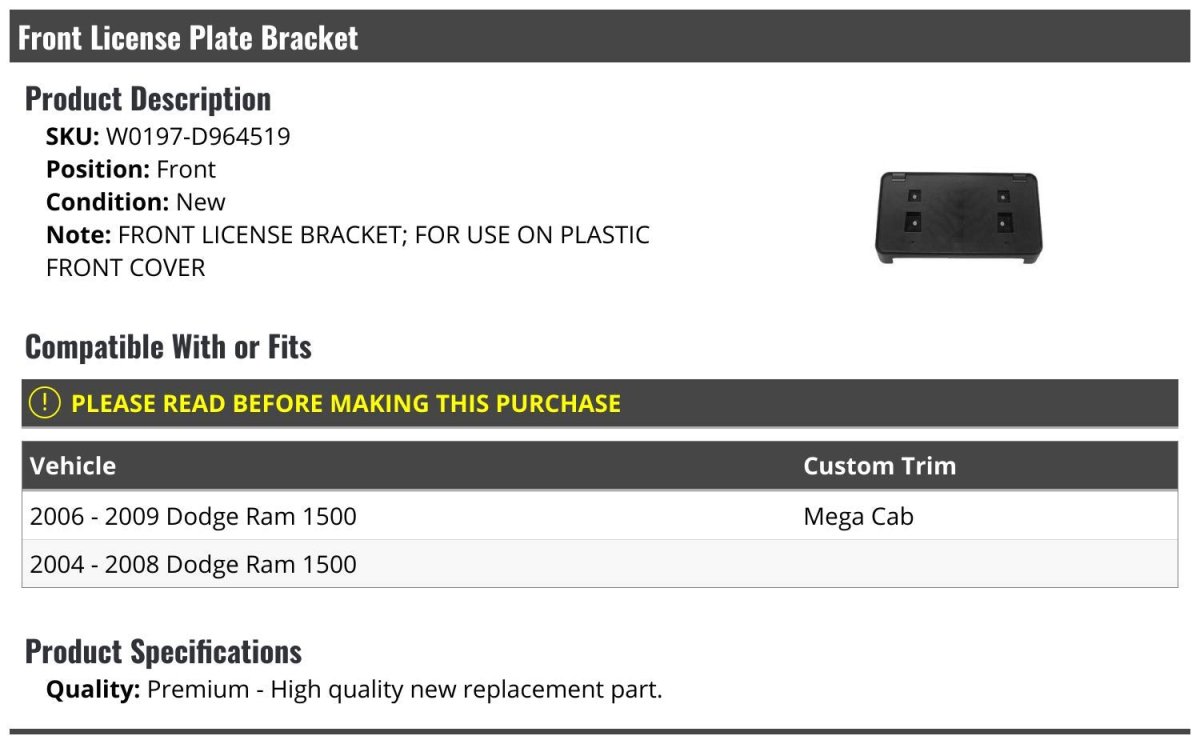 Front License Plate Bracket For 2004-2009 Dodge Ram 1500