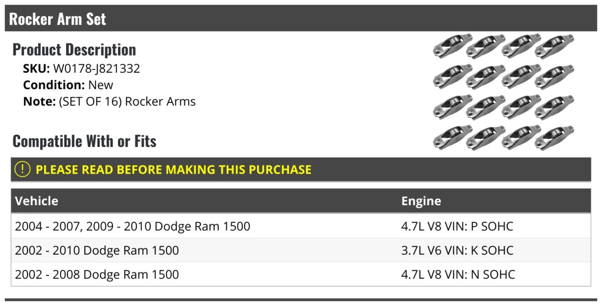 Rocker Arm Set 16 Piece For 2002-2010 Dodge Ram 1500