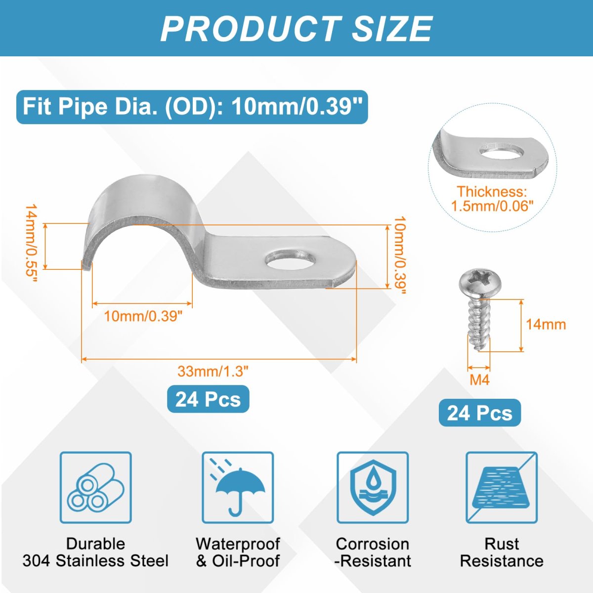 24pcs 10mm 3 8 One Hole Rigid Pipe Strap 304 Stainless Steel Conduit Clamp Thicken U Bracket Heavy Duty With Self-tapping
