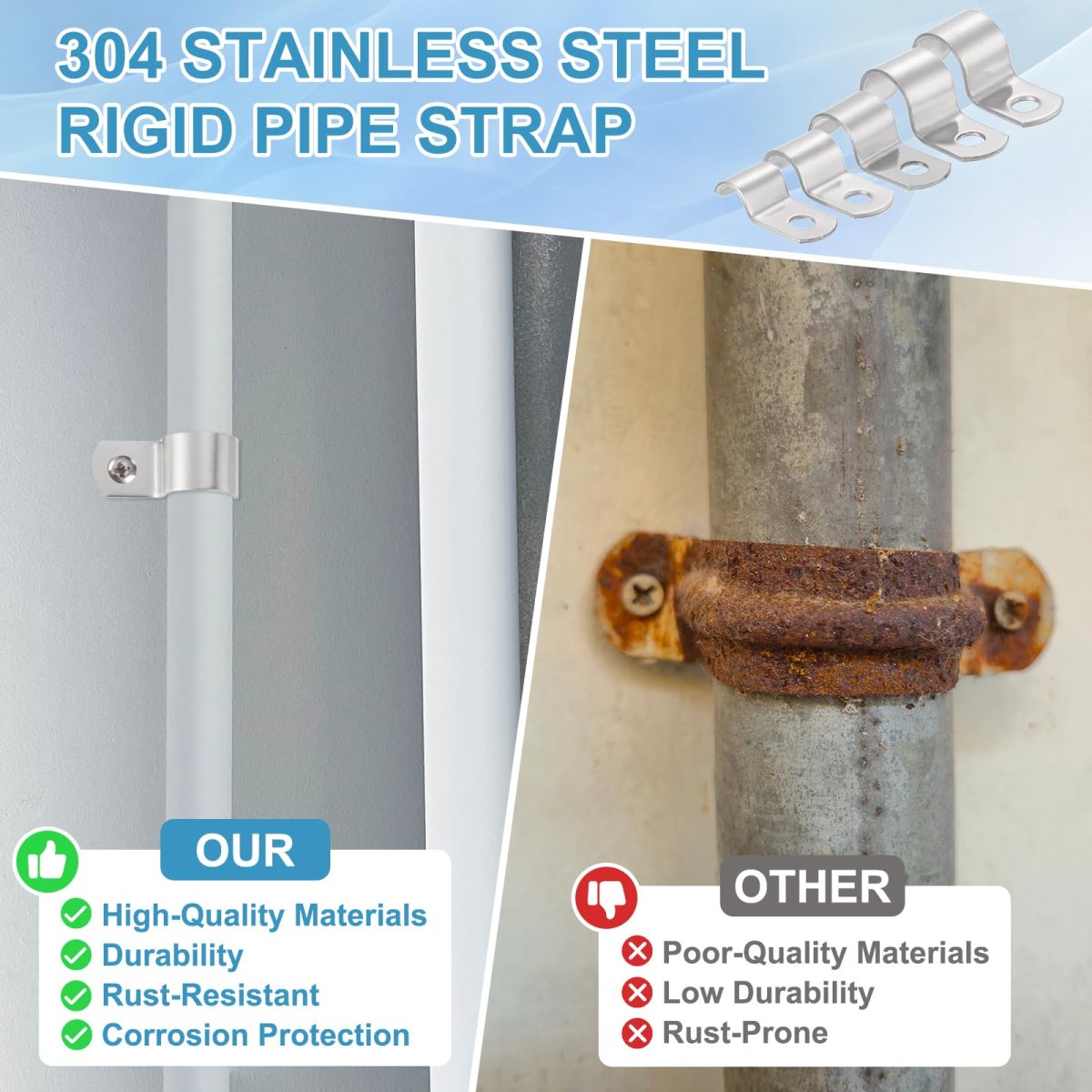 24pcs 10mm 3 8 One Hole Rigid Pipe Strap 304 Stainless Steel Conduit Clamp Thicken U Bracket Heavy Duty With Self-tapping