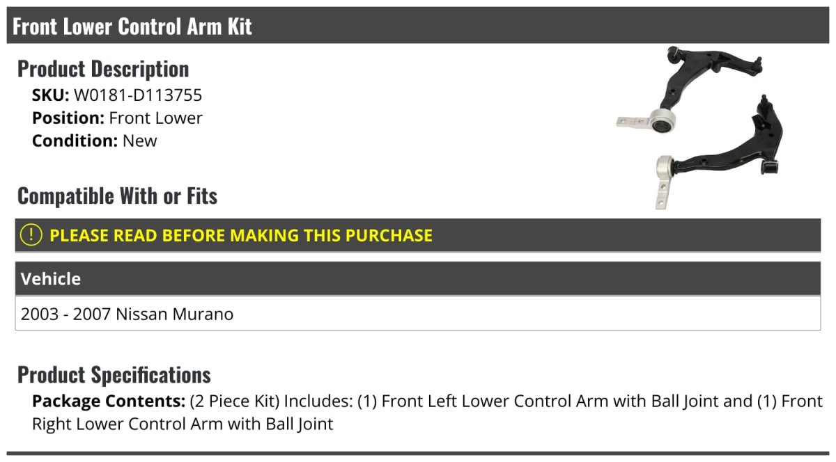 Front Lower Control Arm Ball Joint Kit 2 Piece For 2003 2007 Nissan Murano Driver And Passenger Side Pair