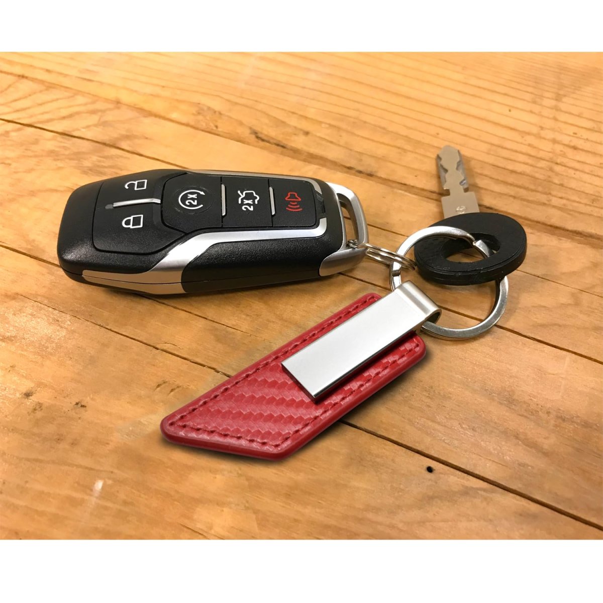 Dodge Challenger Classic Red Pu Leather Carbon Fiber Texture Strap Silver Metal Bar Key Chain Official Licensed 3 75 In X 1