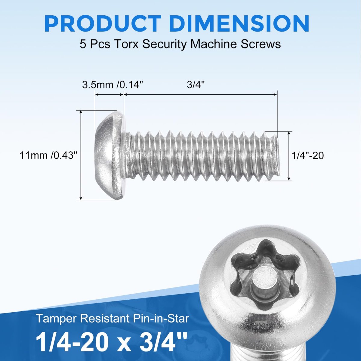 5pcs Torx Security Machine Screws 1 4-20 X 3 4 304 Stainless Steel Tamper Resistant Button Head Bolt Full Thread For Anti-theft