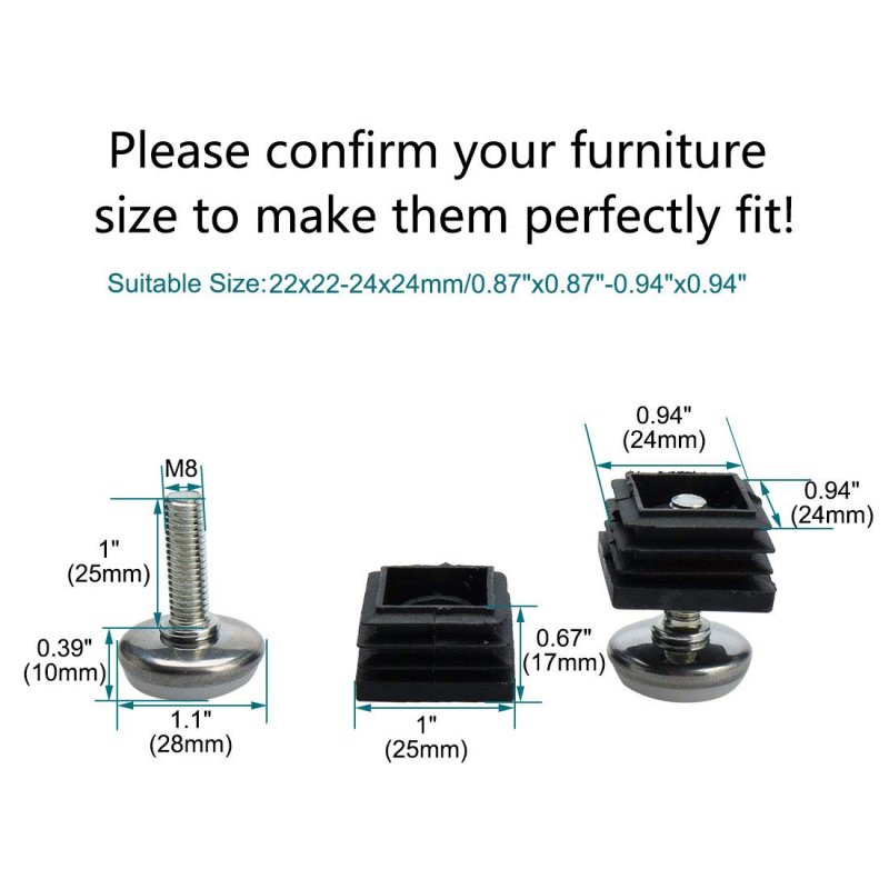 Leveling Feet 25 X 25mm Square Tube Inserts Kit Furniture Glide Adjustable Leveler For Table Desk Leg 2 Sets