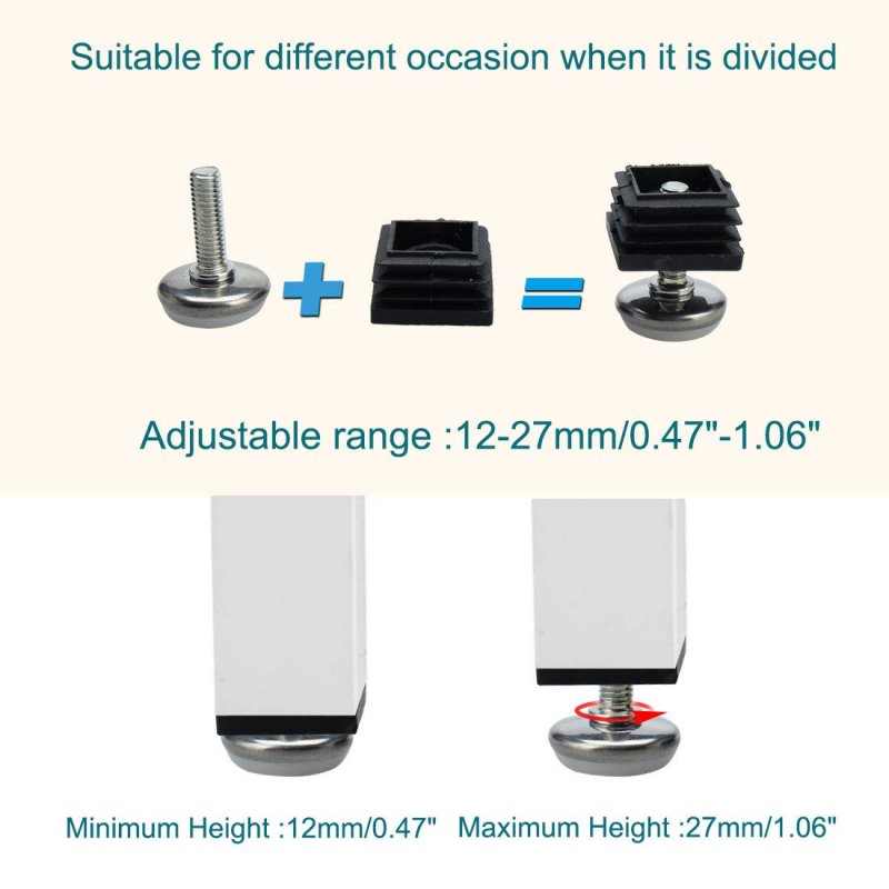 Leveling Feet 25 X 25mm Square Tube Inserts Kit Furniture Glide Adjustable Leveler For Table Desk Leg 2 Sets