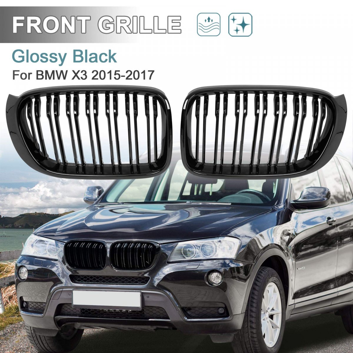 1 Pair Glossy Black Car Hood Kidney Bars Front Grille Double Line 4 Door For Bmw X3 2015-2017