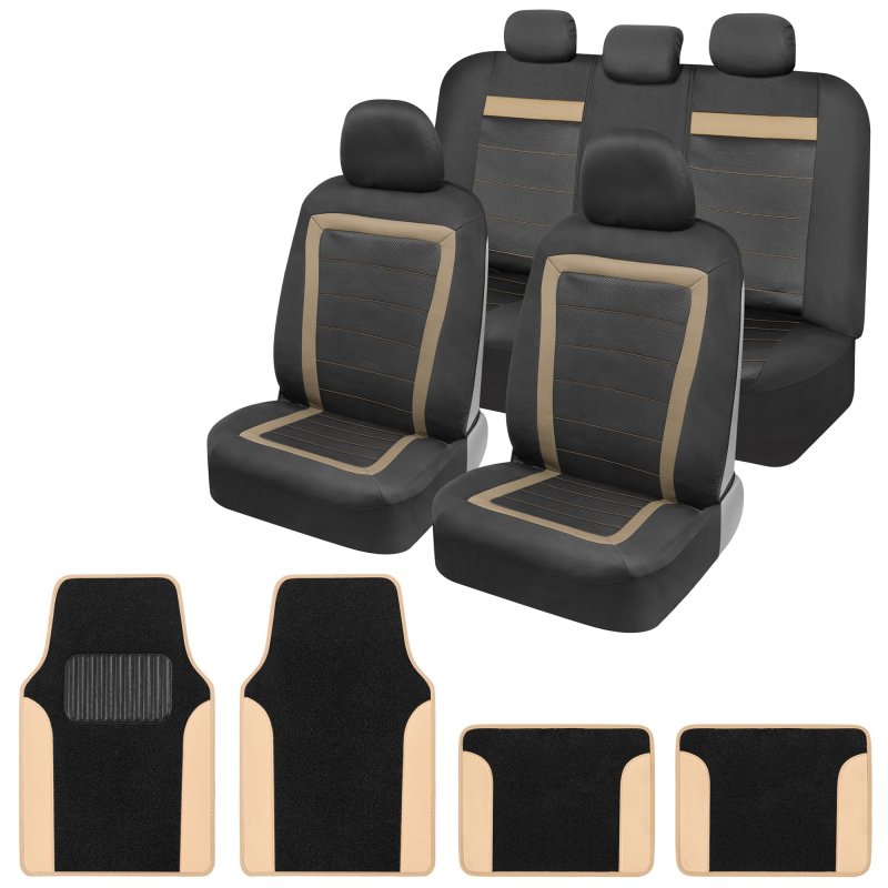 Car Seat Covers And Floor Mats Full Set With Beige Accent A Breathable Mesh Protector Interior Two Tone For Auto Truck Van Suv
