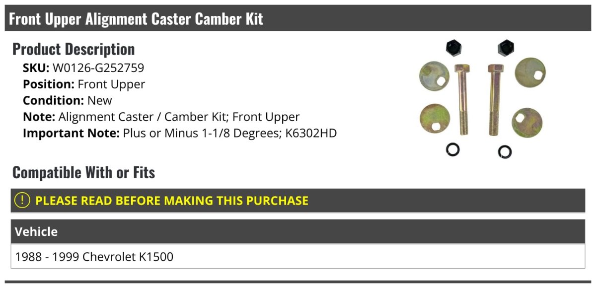 Front Upper Alignment Caster Camber Kit For 1988 To999 Chevy K1500 Plus Or Minus 1 1 8 Degrees K6302hd