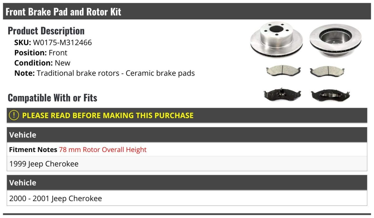 Front Ceramic Brake Pad And Rotor Kit For 1999-2001 Jeep Cherokee