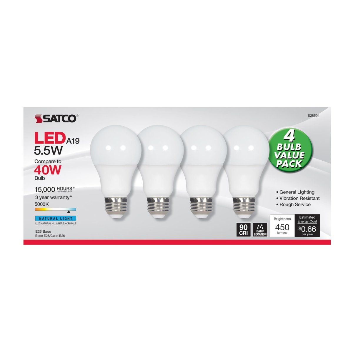 S28594 A19 Led Light Bulb 5000k Natural 450 Lumens Medium E26 Base Non Dimmable Frost Finish Damp Rated For Enclosed Fixtures 8