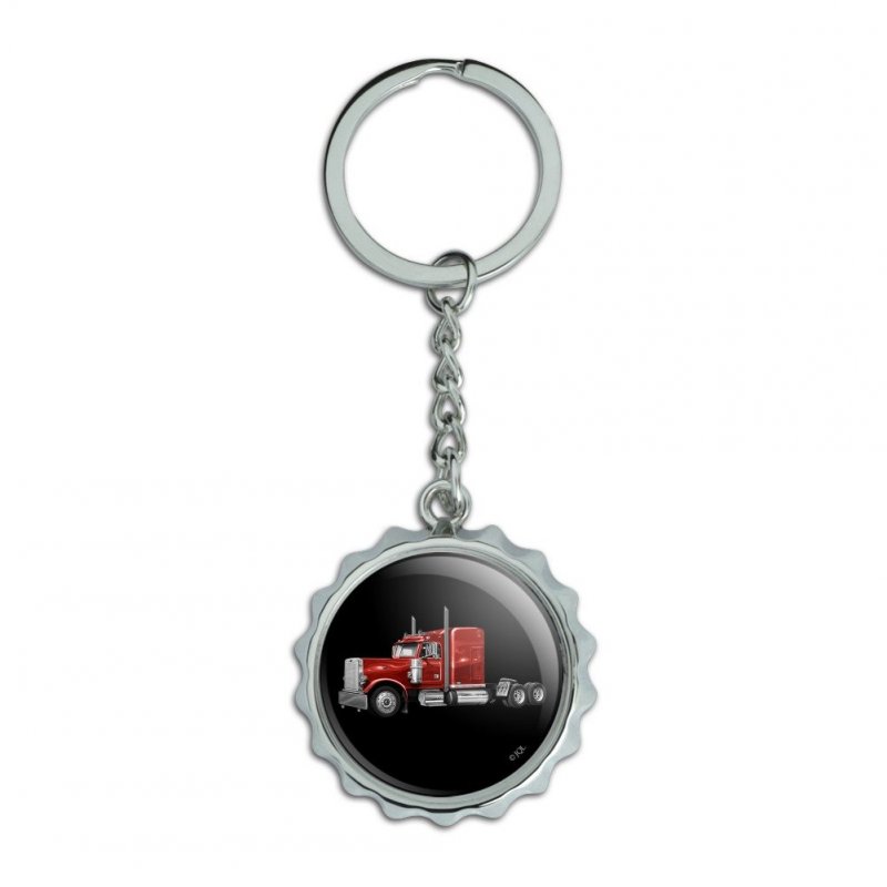 Semi Tractor Trailer Truck Trucker Keychain Chrome Plated Metal Pop Cap Bottle Opener