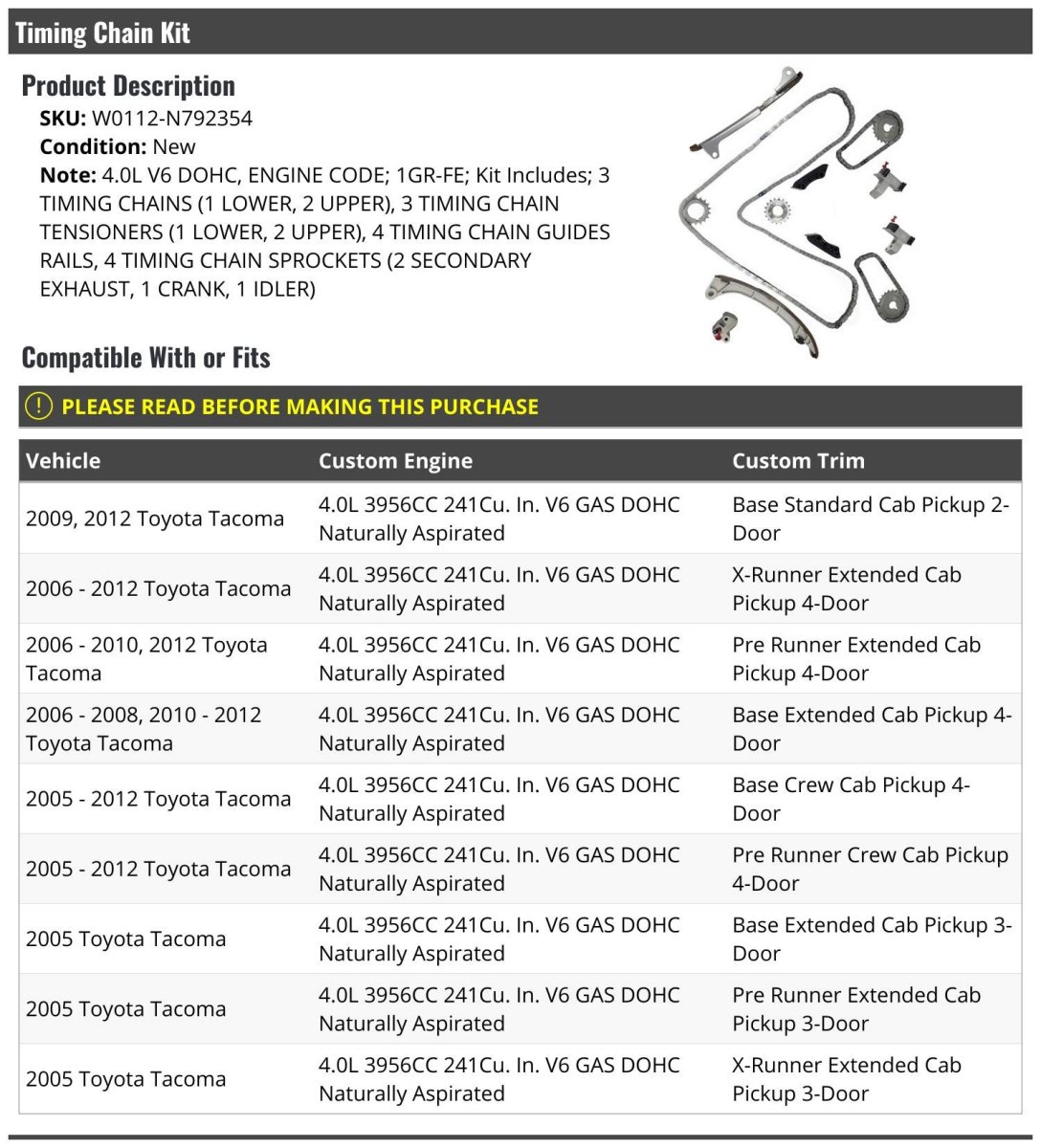 Timing Chain Kit For 2005 To 2012 Toyota Tacoma 4 0l V6 Dohc 1gr-fe Includes Chains Tensioners Guide Rails And Sprockets
