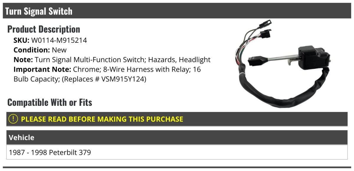 Turn Signal Switch Chrome 8-wire Harness With Relay For 1987-1998 Peterbilt 379