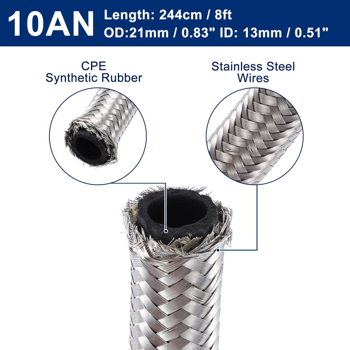 8ft An10 Fuel Hose Cpe Oil Gas Line Braided Stainless Steel 13mm Inner Diameter Silver Tone Universal Fit For Racing Cars And