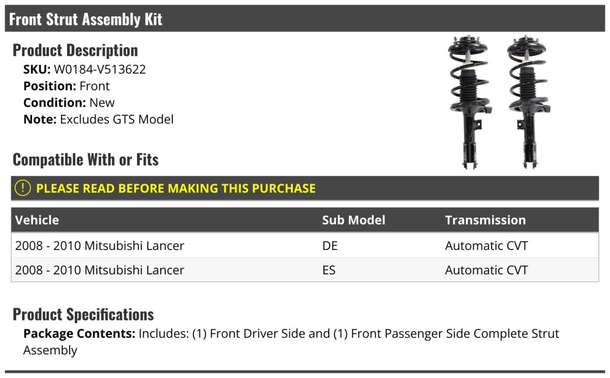 Front Strut And Coil Spring Assembly Set Of 2 For 2008 2010 Mitsubishi Lancer De Es Automatic Cvt Does Not Fit Gts Model