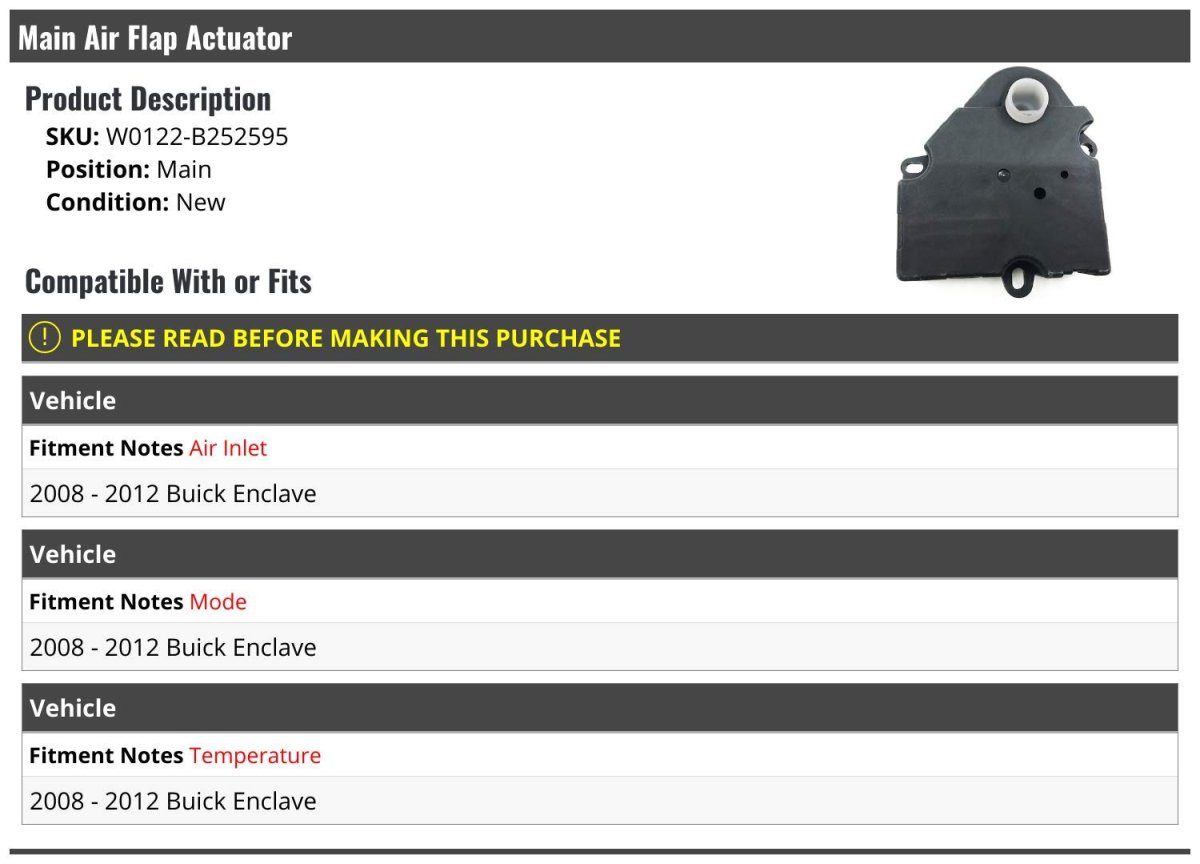 Main Air Flap Actuator For 2008 2012 Buick Enclave Position Inlet Mode And Temperature Control W0122-b252595