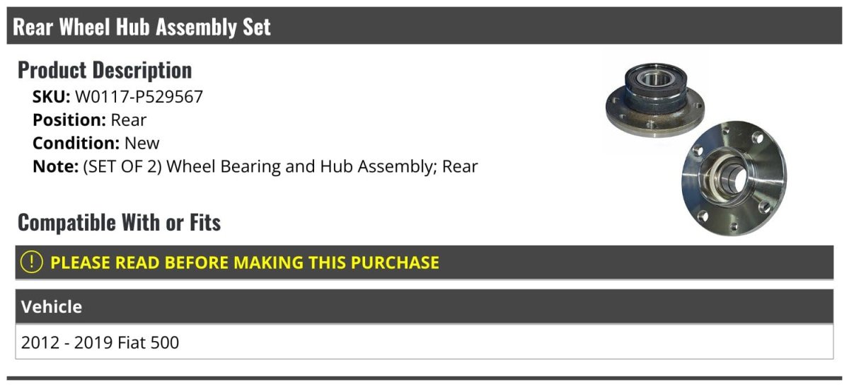 Rear Wheel Hub Assembly Set Of 2 For 2012-2019 Fiat 500